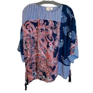 Tru Luxe Jeans Boho Paisley Patchwork Tunic Top Women L Blue Tassel Viscose